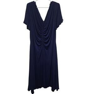Maggy London 22W Navy Blue Ruched V-Neck Midi Dress
